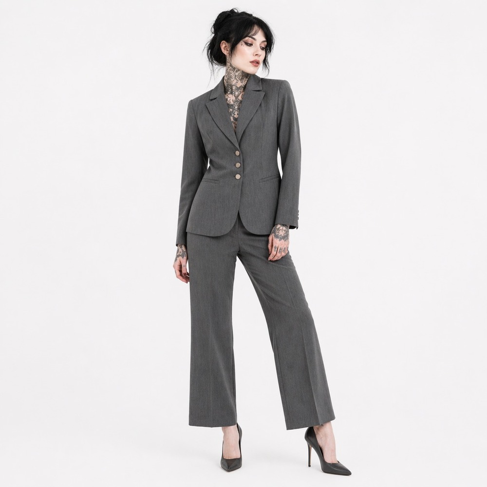 B Moss Peak Lapel Pant Suit Womens 4 Charcoal Gray Bootcut Flare 3 Button Blazer